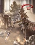  2boys amano_hagoromo animal_helmet armor armored_boots boots dark_souls_(series) dark_souls_i dragon_slayer_ornstein executioner_smough full_armor gold_armor hammer helmet highres multiple_boys polearm shoulder_spikes spear spikes weapon 