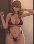  1girl armpits bangs bare_shoulders bikini blush bracelet breasts brown_hair cameltoe candle cleavage collarbone cowboy_shot genshin_impact green_eyes hair_between_eyes highleg highres jewelry large_breasts lisa_(genshin_impact) long_hair looking_at_viewer navel purple_bikini side-tie_bikini_bottom smile solo swimsuit thigh_gap thighs twitter_username zaphn 