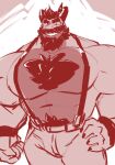  abs anthro beard biceps black_hair body_hair bottomwear bracelet chest_hair clothing dragon facial_hair hair handwear hi_res horn jewelry jugger_(character) male muscular muscular_anthro muscular_male mustache pants pecs reptile scalie shenaniwhagons smile solo suspenders teeth 