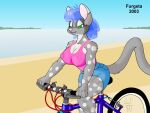  2003 4:3 anthro beach bicycle bike_shorts blue_hair bottomwear breasts cleavage clothed clothing dasyurid dasyuromorph dipstick_ears eastern_quoll female fur furgeta grey_body grey_fur hair half-closed_eyes mammal marsupial multicolored_ears narrowed_eyes nipple_outline pink_nose quinn_(furgeta) quoll sand seaside shirt shorts solo spots spotted_body spotted_fur tank_top topwear water 