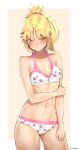  abs absurdres angry bare_arms bare_shoulders bikini blonde_hair blush border cleavage_cutout clothing_cutout deccatezu fate/grand_order fate_(series) food_print gareth_(fate) gareth_(swimsuit_saber)_(fate) green_eyes highres mordred_(fate) navel ponytail red_scrunchie scrunchie strawberry_print swimsuit thighs twitter_username white_bikini white_border 
