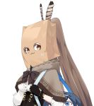  1girl :3 ahoge bag bag_over_head bangs blue_archive brown_capelet brown_cloak brown_corset brown_eyes brown_hair capelet cleavage_cutout cloak clothing_cutout corset cosplay feather_hair_ornament feathers gloves hair_ornament hairclip handbag hieroglyphics hifumi_(blue_archive) hifumi_(blue_archive)_(cosplay) hololive hololive_english long_hair looking_at_viewer mildtaste multicolored_hair nanashi_mumei objectification ouro_kronii partially_fingerless_gloves ponytail ribbon shirt shoulder_strap smile streaked_hair very_long_hair virtual_youtuber white_shirt yukkronii_(ouro_kronii) yukkuri_shiteitte_ne 