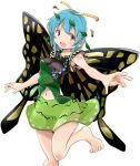  1girl absurdres bangs bare_shoulders barefoot blue_hair butterfly_wings clothing_cutout dress eternity_larva green_dress hidden_star_in_four_seasons highres leaf leaf_on_head looking_at_viewer mukuroi navel navel_cutout purple_eyes short_hair simple_background sleeveless sleeveless_dress solo toes touhou white_background wings 