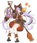  1girl animal_ear_headwear animal_hands bangs black_dress blush broom cage capelet cat cat_tail closed_mouth cosplay dress full_body gloves granblue_fantasy highres holding holding_broom hood hood_up hymt_(hymt000) long_hair long_sleeves looking_at_viewer nekomancer_(granblue_fantasy) nekomancer_(granblue_fantasy)_(cosplay) paw_gloves paw_shoes purple_eyes purple_hair satyr_(granblue_fantasy) simple_background smile solo standing star_(symbol) tail twintails very_long_hair white_background 