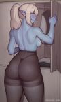  2022 3:5 asura_(artist) big_butt blue_body blue_skin bodily_fluids breasts butt clothed clothing ear_piercing elf female hair hi_res humanoid humanoid_pointy_ears legwear locker not_furry panties pantyhose piercing ponytail rear_view shoulder_blades solo sweat thong topless underwear 