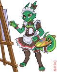  anthro bell bell_collar brush clothing collar easel female garter_belt garter_straps green_body kobold legwear maid_uniform multicolored_eyes paintbrush palette solo sorc thigh_highs uniform 