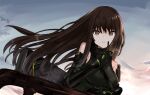  1girl bangs black_gloves breasts brown_eyes brown_hair closed_mouth day girls&#039;_frontline gloves highres long_hair looking_at_viewer m4a1_(girls&#039;_frontline) mod3_(girls&#039;_frontline) mutugorou_u outdoors sidelocks sky smile solo upper_body 