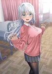  1girl :d bangs blue_eyes blurry blurry_background blush breasts brown_pantyhose cardigan collared_shirt commentary_request day depth_of_field dress_shirt fang feet_out_of_frame grey_hair grey_skirt gurande_(g-size) hair_between_eyes highres indoors long_hair looking_at_viewer medium_breasts nail_polish original pantyhose pink_cardigan pink_nails pleated_skirt school_uniform shirt skirt sleeves_past_wrists smile solo standing v-shaped_eyebrows very_long_hair white_shirt window wooden_floor 