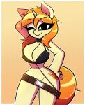  2020 anthro belt big_breasts bikini bikini_top bottomless breasts cleavage clothed clothing collar convenient_censorship equid equine female fur hair hand_on_hip hi_res horn horse long_tail mammal navel nelljoestar one_eye_closed orange_hair pony smile solo swimwear tan_body tan_fur unicorn wide_hips 