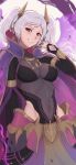  1girl absurdres aura breasts covered_navel dark_aura dark_persona english_commentary evil_smile evomanaphy eyes_of_grima fake_horns fire_emblem fire_emblem_awakening fire_emblem_heroes grey_hair grima_(fire_emblem) highres horned_headwear horns leotard looking_at_viewer official_alternate_costume possessed red_eyes robin_(fire_emblem) robin_(fire_emblem)_(female) smile solo twintails 