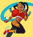  1girl absurdres aqua_hair arm_wrap bow_hairband brown_eyes brown_lips colored_tips converse cropped_jacket dark-skinned_female dark_skin english_commentary forehead gloves hairband highres hip_vent jacket jed_(jedzem) kimberly_(street_fighter) long_hair midriff multicolored_hair navel puffy_short_sleeves puffy_sleeves quad_braids red_gloves red_jacket running salute shoes short_sleeves smartwatch sneakers solo spray_can street_fighter street_fighter_6 thick_eyebrows toned two-finger_salute very_dark_skin watch wristwatch yellow_background yellow_hairband 