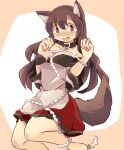  1girl animal_ears bangs bare_shoulders breasts brown_background brown_hair cleavage collar dress highres imaizumi_kagerou looking_at_viewer mukuroi off-shoulder_dress off_shoulder open_mouth red_eyes solo tail touhou two-tone_background white_background white_dress wolf_ears wolf_girl wolf_tail 