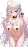  1girl ahoge animal_ear_fluff bangs belt_collar blush bow breasts cleavage closed_mouth collar collarbone ear_tag earrings grey_eyes hair_between_eyes hair_ornament hairclip heart_pasties highres jewelry large_breasts long_hair looking_at_viewer moth1 navel nude original pasties solo thigh_gap thighs white_background white_hair 