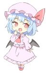  1girl :d arnest ascot bat_wings black_wings blue_hair bright_pupils fang full_body highres light_blue_hair looking_at_viewer open_mouth red_ascot red_eyes red_footwear remilia_scarlet shirt short_hair simple_background skin_fang skirt smile socks solo touhou white_background white_pupils white_shirt white_skirt white_socks wings 