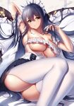  1girl arm_behind_head arm_garter arm_up armpits azur_lane bangs bare_shoulders black_hair black_skirt blush breasts cleavage collarbone frills green_eyes highres indomitable_(azur_lane) indomitable_(ms._motivationless_maid)_(azur_lane) large_breasts long_hair looking_at_viewer maid_headdress official_alternate_costume skirt solo thighhighs thighs underboob very_long_hair white_thighhighs wsman 
