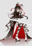  1girl absurdres azami_(kagerou_project) bangs black_dress black_hair black_ribbon blunt_bangs chair clenched_hands closed_mouth dot_nose dress expressionless grey_background highres kagerou_project leg_ribbon long_dress long_hair looking_at_viewer mo011010 platform_footwear platform_heels red_eyes ribbon simple_background sitting solo wavy_hair wooden_chair 