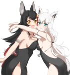  2girls animal_ear_fluff animal_ears anyacchi backless_dress backless_outfit bare_back bare_shoulders black_hair braid breast_press breasts cleavage dress fang fox_ears fox_girl highres hololive large_breasts long_hair looking_at_viewer medium_breasts multicolored_hair multiple_girls ookami_mio open_mouth red_hair shirakami_fubuki skin_fang streaked_hair symmetrical_docking tail virtual_youtuber white_hair wolf_ears wolf_girl wolf_tail 