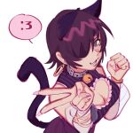  1girl :3 animal_ears bangs bell black_hair bracelet breasts cat_ears cat_tail chainsaw_man choker cleavage cleavage_cutout clothing_cutout earrings eyepatch fingernails green_eyes highres himeno_(chainsaw_man) hoop_earrings jewelry jingle_bell large_breasts liowig long_fingernails looking_at_viewer short_hair simple_background solo tail v white_background 