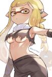  1girl agent_3_(splatoon_3) asymmetrical_hair bandaged_arm bandages black_pants blonde_hair braid breasts cowboy_shot earpiece inkling inkling_girl legs_apart navel pants pointy_ears shina_shina splatoon_(series) splatoon_3 suction_cups sweatpants tentacle_hair torn_clothes twitter_username underboob white_background yellow_eyes 