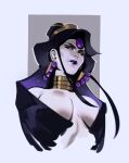  1girl absurdres black_hair black_sclera breasts center_opening colored_sclera colored_skin earrings forehead_jewel grey_skin hades_(game) highres jewelry large_breasts long_hair looking_at_viewer looking_down mature_female neck_ring nips_(ohnips) no_bra nyx_(hades) purple_lips revealing_clothes solo upper_body yellow_eyes 