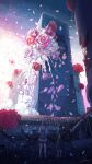  2girls absurdres building destruction flower highres hiromumaru multiple_girls original oversized_object petals pink_flower pink_rose red_flower red_rose rose scenery smoke surreal white_flower white_rose wide_shot 