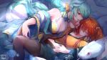  2girls ahoge aqua_hair bare_shoulders blush breasts cleavage closed_eyes closed_mouth fate/grand_order fate_(series) fujimaru_ritsuka_(female) fujimaru_ritsuka_(female)_(mage&#039;s_association_uniform) highres horns kiyohime_(fate) kiyohime_(swimsuit_lancer)_(fate) kiyohime_(swimsuit_lancer)_(first_ascension)_(fate) large_breasts long_hair looking_at_another medium_hair multiple_girls official_alternate_costume open_clothes open_shorts orange_hair pantyhose parted_lips pin.s scrunchie shorts side_ponytail signature smile snake twitter_username white_snake yellow_eyes yellow_scrunchie yuri 