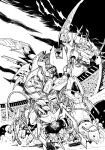  6+others arm_cannon cable colosseum crowd dc_comics dust english_commentary faceless greyscale highres lineart mecha monochrome multiple_others nick_roche robot running solo weapon 