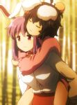  2girls ahoge animal_ears bamboo bamboo_forest bangs black_hair blurry blurry_background breasts carrying closed_eyes closed_mouth commentary_request depth_of_field dress forest hair_between_eyes head_bump inaba_tewi long_hair medium_breasts multiple_girls nature outdoors piggyback pink_dress purple_hair rabbit_ears red_eyes red_skirt reisen_udongein_inaba shirosato shirt skirt sunset touhou white_shirt 