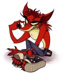  2018 activision anthro bandicoot belt black_nose bottomwear claws clothed clothing crash_bandicoot_(series) evil_crash eyebrows footwear fur hi_res looking_at_viewer male mammal marsupial red_body red_fur shoes shorts simple_background sitting solo teeth toe_claws topless vaikazz video_games white_background 