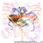  1girl ahoge bare_legs barefoot biwa_lute breasts brown_dress closed_mouth collared_dress dress flower full_body hair_flower hair_ornament happy instrument long_sleeves looking_at_viewer lute_(instrument) medium_breasts music musical_note neck_ribbon official_art playing_instrument purple_eyes purple_hair ribbon rotte_(1109) smile toes touhou touhou_lost_word tsukumo_benben twintails 