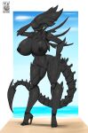  2022 4_arms 5_toes absurd_res alien alien_(franchise) areola big_breasts black_areola black_body black_nipples breasts feet female fingers genitals halotroll hi_res multi_arm multi_limb navel nipples nude pussy smile solo standing toes xenomorph xenomorph_queen 