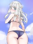 1girl @_@ aqua_hair ass back bangs beatrice_(rune_factory) bikini black_bikini blush breasts cowboy_shot day from_behind glint highres large_breasts long_hair looking_at_viewer looking_back nose_blush outdoors rune_factory rune_factory_5 sirachi skindentation solo swimsuit white_hair 