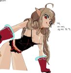  1girl ahoge bandaid bandaid_on_breast bandaid_on_leg bare_legs black_shirt breast_slip brown_hair dungeon_and_fighter firstw1 from_below gloves hair_tie ikki_the_vikki looking_down nipples red_gloves shirt short_twintails shorts smile solo tongue tongue_out twintails white_background 