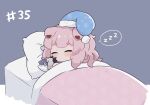  1girl animal animal_ears arknights bangs bed blue_headwear blush cat_ears cat_girl chibi commentary crying crying_with_eyes_open english_commentary fish goldenglow_(arknights) grey_hair hat holding holding_animal horns kurotofu nightcap numbered pillow pink_hair sleeping spoken_zzz tears zzz 