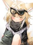  1girl absurdres animal_ear_fluff animal_ears arknights asymmetrical_pants bangs black_scarf blonde_hair blush commentary cowboy_shot fox_ears fox_girl goggles goggles_on_head green_eyes green_pants grey_tunic highres knees_up long_sleeves looking_to_the_side multicolored_hair open_mouth pants parted_lips scarf short_hair simple_background single_bare_leg solo sutei_(arece15) suzuran_(arknights) suzuran_(lostlands_flowering)_(arknights) tunic two-tone_hair white_background white_hair 
