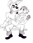  2021 anthro arata_(artist) black_and_white bodily_fluids canid canine canis clenched_teeth cum cum_inside disney domestic_dog don_karnage ducktales ducktales_(2017) duo ejaculation genital_fluids line_art male male/male mammal monochrome signature sitting smile talespin teeth traditional_media_(artwork) ugly_mug wolf 