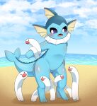  2022 beach blue_body blue_sky blue_tail blush body_blush cloud day eeveelution feral generation_1_pokemon generation_9_pokemon group hi_res nintendo pokemon pokemon_(species) sand seaside semi-anthro size_difference sky sum teeth tongue vaporeon video_games water white_body wiglett 