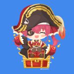  1girl ascot bicorne black_coat blue_background blush boots brown_footwear chibi closed_eyes coat commentary eyepatch fold-over_boots full_body gold_trim hand_up hat hololive houshou_marine off_shoulder open_mouth pirate red_ascot red_hair rizu_(rizunm) simple_background sitting_on_chest sleeves_past_fingers sleeves_past_wrists smile solo treasure_chest twintails twitter_username virtual_youtuber waving 
