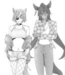  2girls alternate_costume animal_ears bangs bare_shoulders breasts choker cutoffs elbow_rest eyepatch feet_out_of_frame fishnet_pantyhose fishnets greyscale halterneck hand_on_own_chin highres horse_ears horse_girl horse_tail iner_(shakur_mom) jacket long_hair long_sleeves looking_at_viewer medium_breasts midriff monochrome multiple_girls navel off_shoulder pants pantyhose parted_lips shirt short_hair short_shorts shorts small_breasts split_ponytail standing symboli_kris_s_(umamusume) tail tanino_gimlet_(umamusume) umamusume 