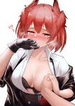  1girl absurdres animal_ears arknights bangs bird_ears bird_girl black_bra black_gloves black_jacket blush bra bra_pull breast_grab breasts clothes_pull cloverse6 collared_shirt commentary english_commentary fiammetta_(arknights) gloves grabbing guided_breast_grab guiding_hand hair_between_eyes heart heavy_breathing highres jacket medium_breasts open_clothes open_jacket open_shirt parted_lips pov red_eyes red_hair shirt simple_background single_glove spoken_heart sweat underwear white_background white_shirt 