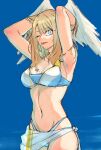  1girl ;p absurdres armpits bare_arms bare_shoulders bikini blue_bikini blue_eyes blue_sky breasts brown_hair cleavage closed_mouth commentary_request day eunie_(xenoblade) feathered_wings groin head_wings highres hinata_uta_(sube) looking_at_viewer medium_breasts navel one_eye_closed outdoors sarong sky smile solo swimsuit tongue tongue_out white_wings wings xenoblade_chronicles_(series) xenoblade_chronicles_3 