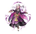  1girl absurdres alternate_eye_color aura bangs breasts cleavage covered_navel dark_aura dark_persona fire_emblem fire_emblem_awakening fire_emblem_heroes grima_(fire_emblem) highres hip_vent long_hair looking_at_viewer medium_breasts navel official_alternate_costume official_art okuma_mai parted_bangs red_eyes robin_(fire_emblem) robin_(fire_emblem)_(female) short_twintails smile solo twintails white_hair 