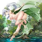  1girl aged_up ass bangle bar_censor bracelet cape censored cross-shaped_pupils feet from_behind genshin_impact gradient_hair green_cape green_eyes hair_ornament jewelry leaf_hair_ornament leaning_forward legs long_hair multicolored_hair nahida_(genshin_impact) nipples nude pointy_ears pussy side_ponytail soles standing standing_on_liquid standing_on_one_leg stirrup_footwear sydus toeless_footwear toes water white_hair 