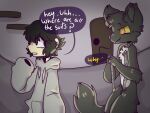  animate_inanimate anthro canid canine canis clothed clothing darkcoat_azan digital_drawing_(artwork) digital_media_(artwork) duo english_text fur hair human living_clothing living_costume male mammal open_mouth skyl speech_bubble store text wolf 