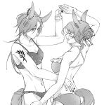  2girls air_shakur_(umamusume) arm_tattoo arm_up bikini breasts cleavage closed_eyes clover_hair_ornament collarbone dancing expressionless eyebrow_piercing fine_motion_(umamusume) frilled_bikini frills greyscale hair_bun hair_ornament hand_on_another&#039;s_hip holding_hands iner_(shakur_mom) jewelry long_hair looking_at_another monochrome multiple_girls multiple_rings navel open_mouth piercing ring short_hair sideways_mouth swimsuit tattoo umamusume upper_body wristband yuri 