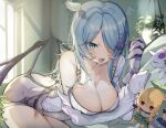  1girl aqua_eyes bangs blue_hair blue_wings blush breasts cleavage collarbone doll dragon_girl elira_pendora finana_ryugu gloves grey_gloves grey_overalls hair_ornament hair_over_one_eye head_wings highres large_breasts long_hair looking_at_viewer low_wings lying nijisanji nijisanji_en off_shoulder oimo_0imo one_eye_covered open_mouth overall_shorts overalls pomu_rainpuff single_glove smile solo_focus sweater virtual_youtuber white_sweater wings x_hair_ornament 