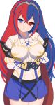  1girl absurdres alear_(fire_emblem) alear_(fire_emblem)_(female) bangs black_gloves blue_eyes blue_hair bow braid breasts cape crossed_bangs crown_braid fire_emblem fire_emblem_engage gloves hair_between_eyes head_tilt heterochromia highres kocha_(jgug7553) light_smile long_hair looking_at_viewer medium_breasts multicolored_hair own_hands_together red_cape red_eyes red_hair solo thighs tiara white_bow 