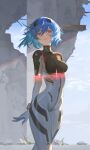  absurdres ayanami_rei black_bodysuit blue_hair blush bodysuit breasts cloud evangelion:_3.0+1.0_thrice_upon_a_time flower grass highres neon_genesis_evangelion pilot_suit plugsuit rebuild_of_evangelion red_eyes rin617 short_hair white_bodysuit white_flower 