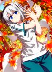  1girl alternate_costume autumn autumn_leaves black_hairband black_ribbon blue_eyes blush bow_hairband cowboy_shot dutch_angle falling_leaves forest grey_hair hair_ribbon hairband highres konpaku_youmu konpaku_youmu_(ghost) leaf maple_leaf nature outdoors ribbon sazanami_mio shirt short_hair short_sleeves solo sportswear stretched_limb stretching thigh_gap touhou white_shirt wide_sleeves 