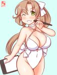  1girl akigumo_(kancolle) alternate_costume artist_logo blue_background blush breasts brown_hair casual_one-piece_swimsuit choker cosplay cowboy_shot dated drawing_tablet frilled_swimsuit frills green_eyes hair_ribbon highleg highleg_swimsuit holding holding_stylus kanon_(kurogane_knights) kantai_collection large_breasts long_hair mole mole_under_eye one-hour_drawing_challenge one-piece_swimsuit one_eye_closed ponytail ribbon sagiri_(kancolle) sagiri_(kancolle)_(cosplay) side-tie_swimsuit simple_background solo stylus swimsuit white_choker white_one-piece_swimsuit 